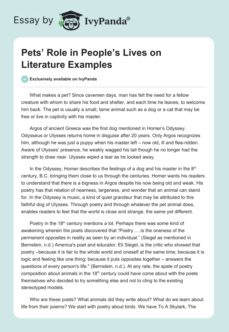 Pets’ Role in People’s Lives on Literature Examples. Page 1