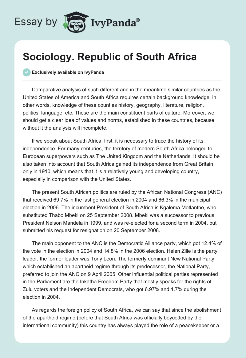 Sociology. Republic of South Africa. Page 1