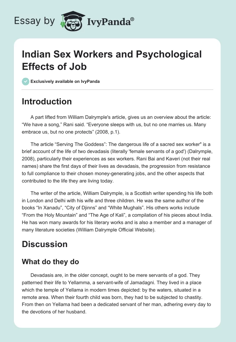 Indian Sex Workers and Psychological Effects of Job. Page 1
