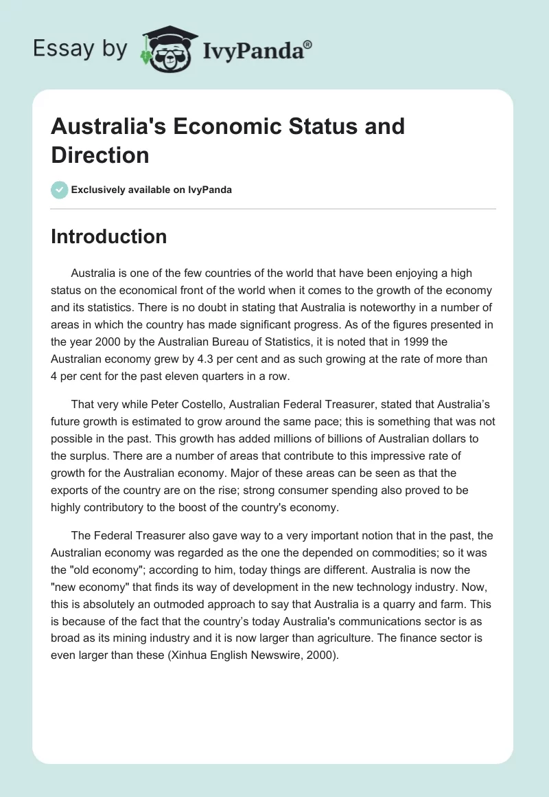 Australia's Economic Status and Direction. Page 1