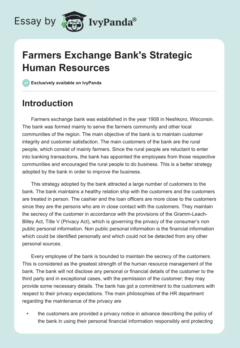 Farmers Exchange Bank's Strategic Human Resources. Page 1