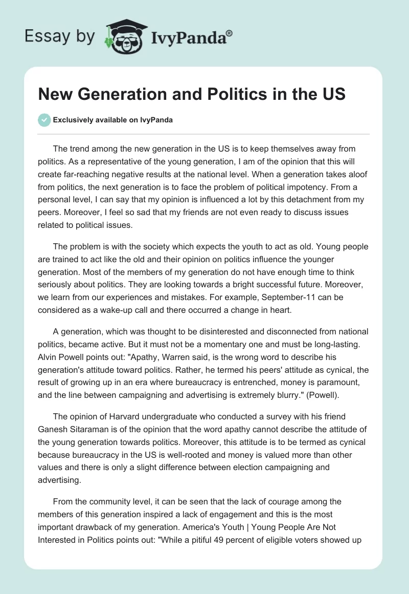 New Generation and Politics in the US. Page 1