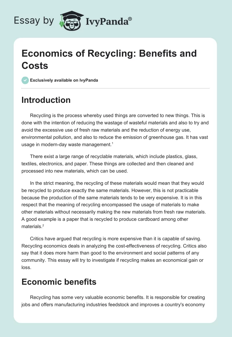 Economics of Recycling: Benefits and Costs. Page 1