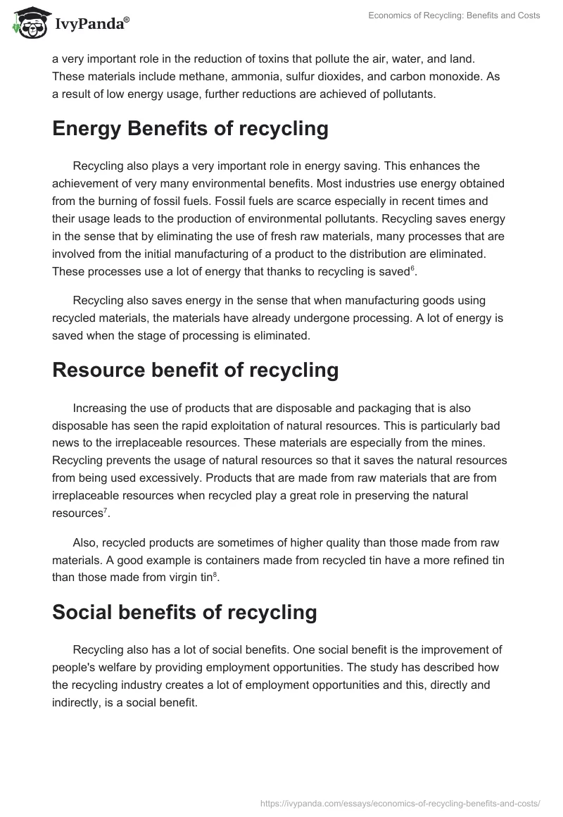 Economics of Recycling: Benefits and Costs. Page 3