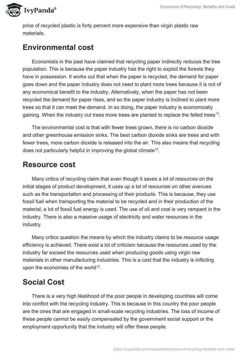 Economics of Recycling: Benefits and Costs. Page 5
