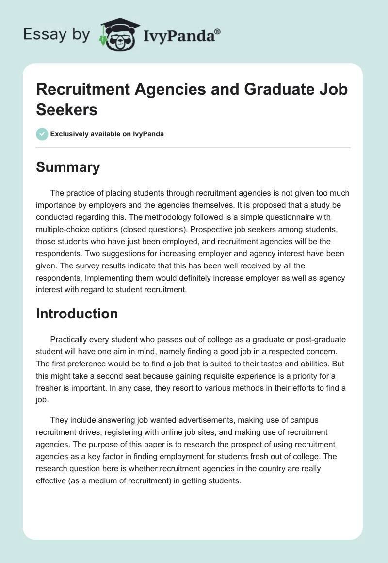 Recruitment Agencies and Graduate Job Seekers. Page 1