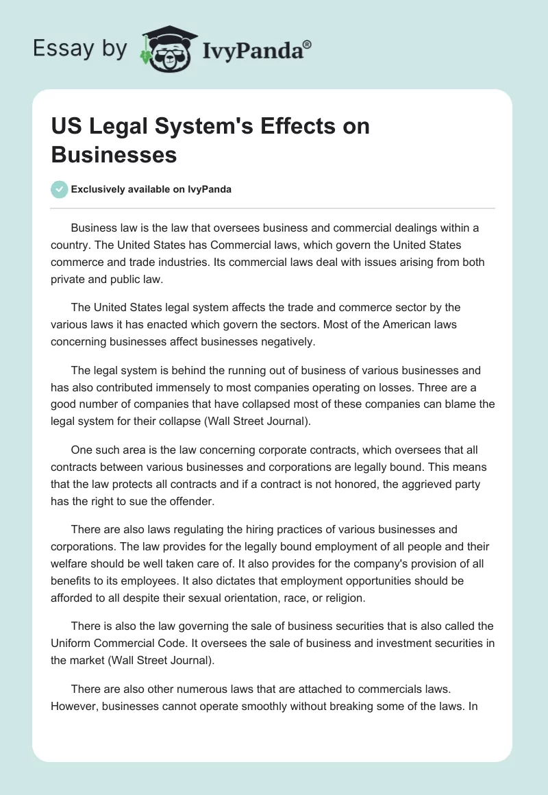 US Legal System's Effects on Businesses. Page 1
