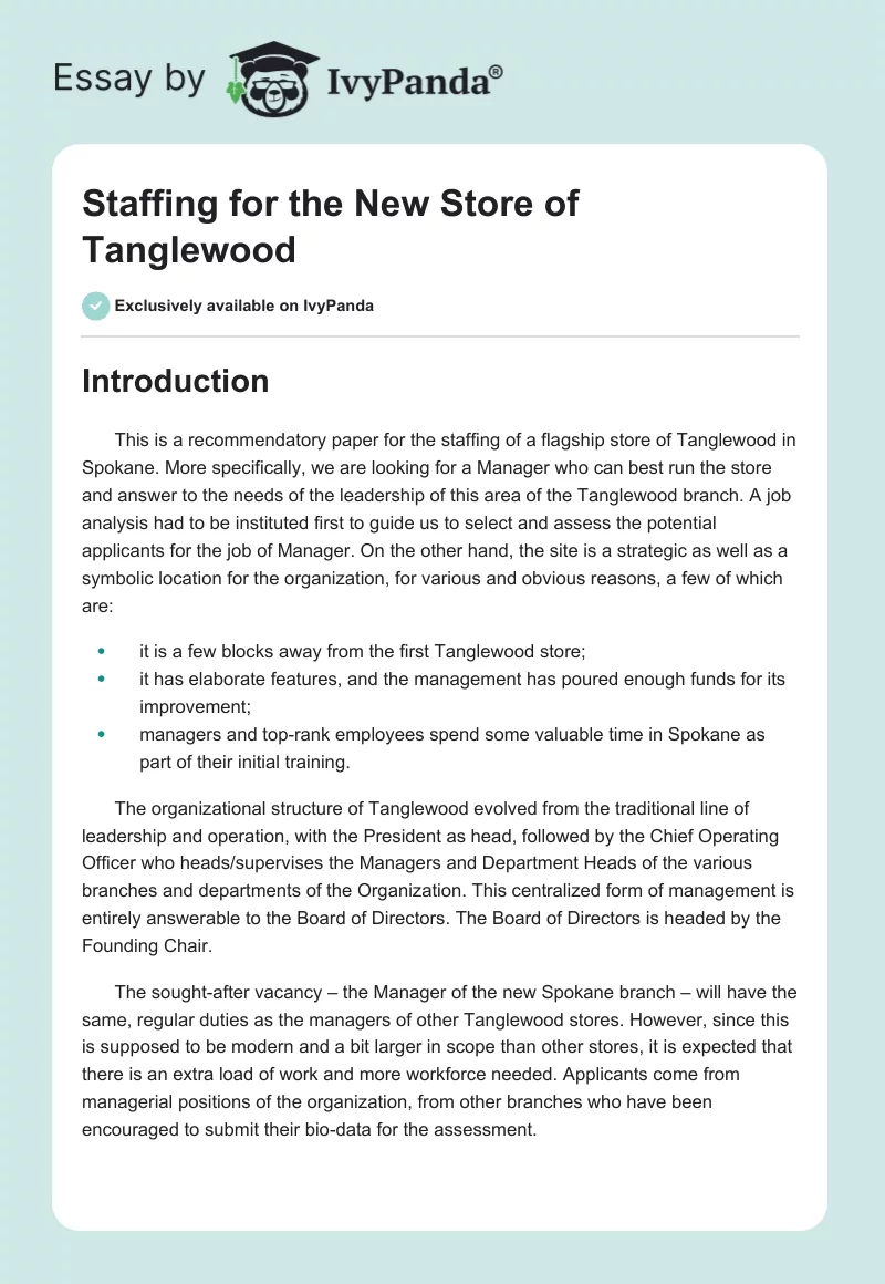 Staffing for the New Store of Tanglewood. Page 1