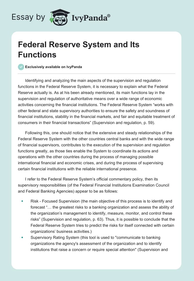 Federal Reserve System and Its Functions. Page 1