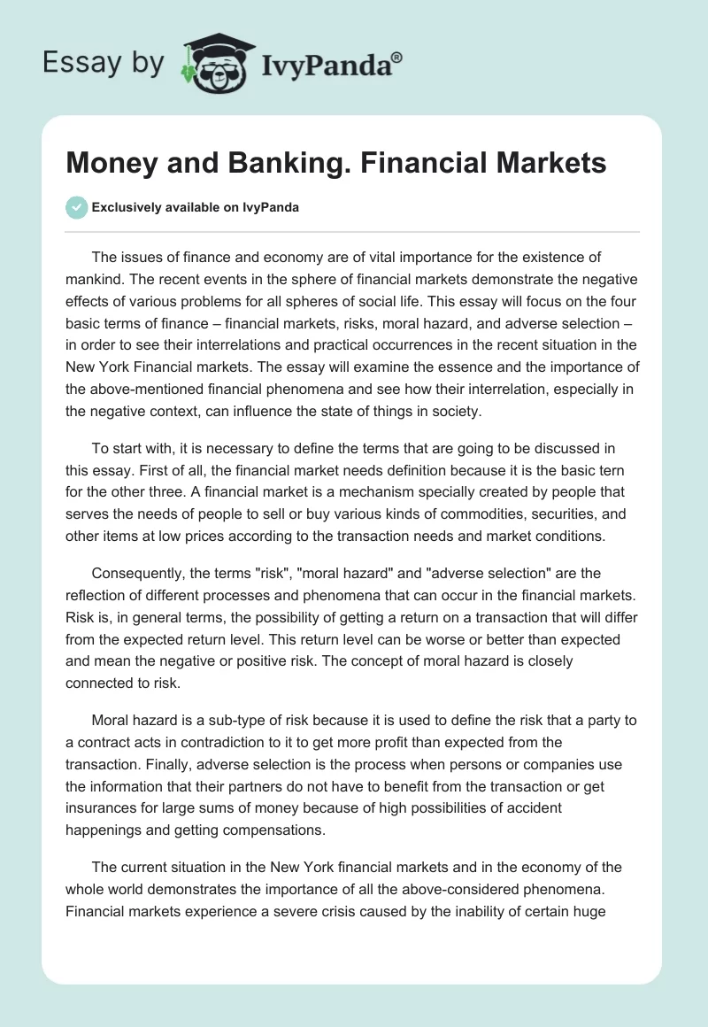 Money and Banking. Financial Markets. Page 1