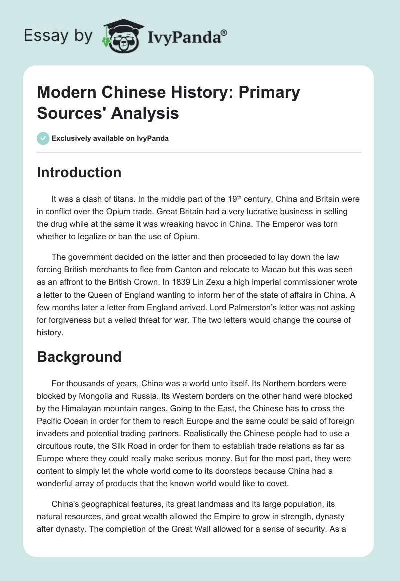 Modern Chinese History: Primary Sources' Analysis. Page 1