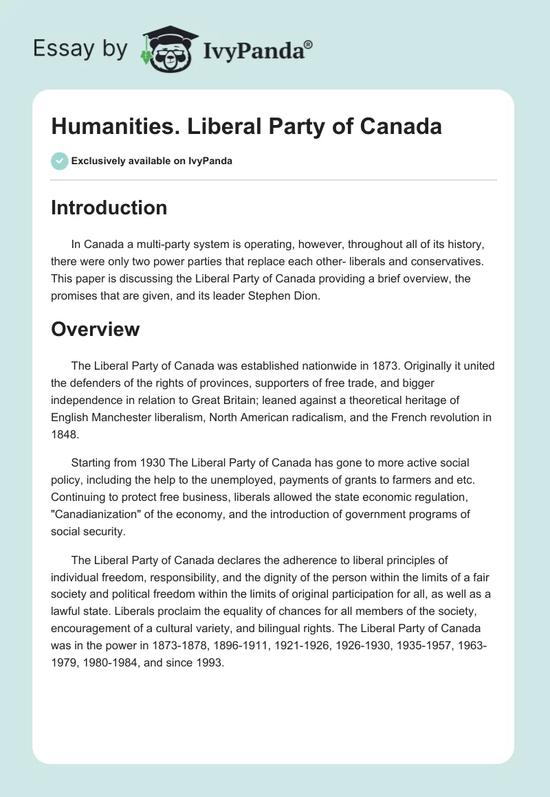 Humanities. Liberal Party of Canada. Page 1