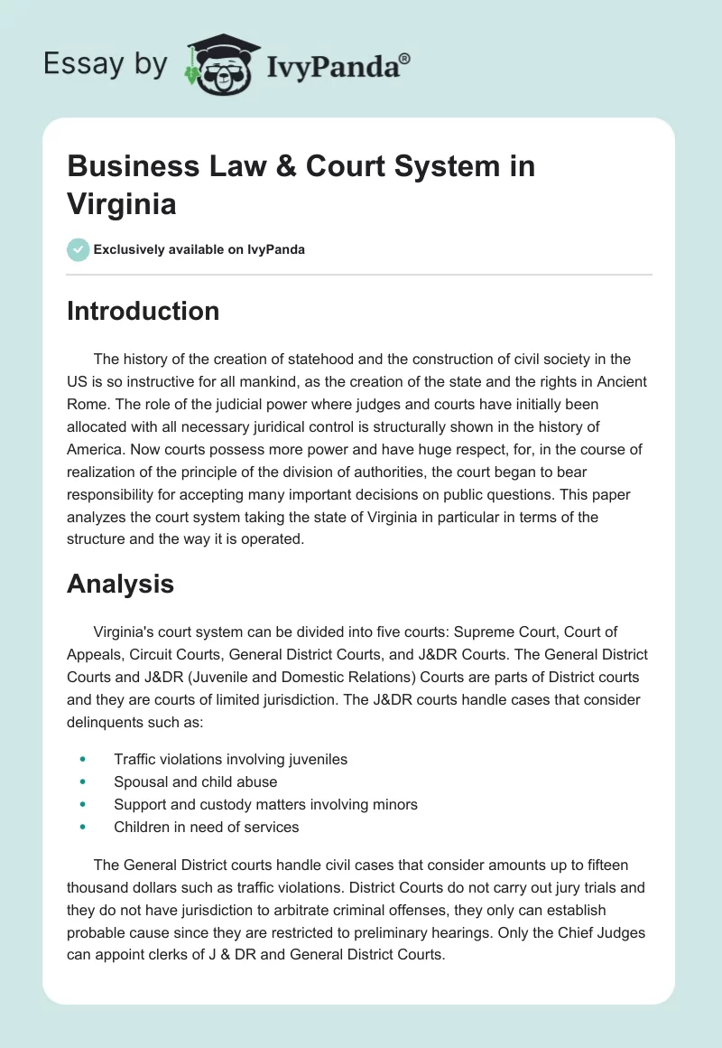 Business Law & Court System in Virginia. Page 1