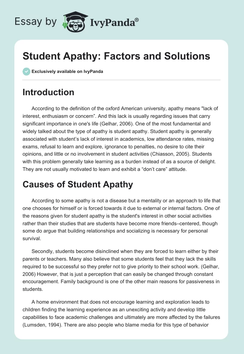 Student Apathy: Factors and Solutions - 560 Words | Essay