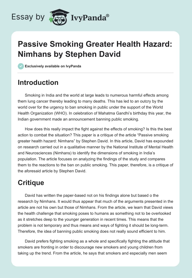"Passive Smoking Greater Health Hazard: Nimhans" by Stephen David. Page 1
