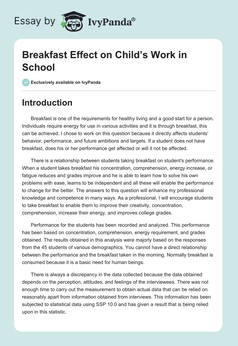 Breakfast Effect on Child’s Work in School. Page 1
