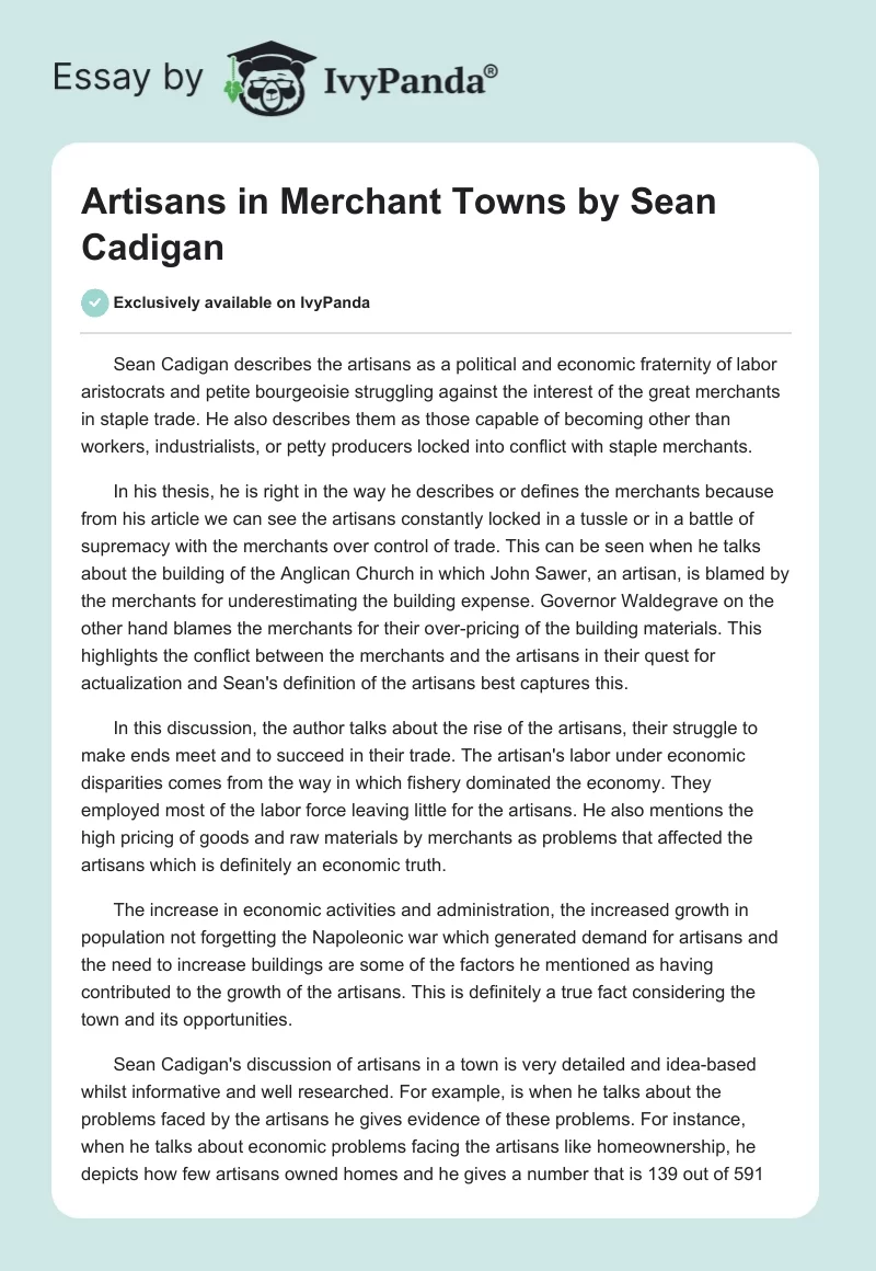 "Artisans in Merchant Towns" by Sean Cadigan. Page 1