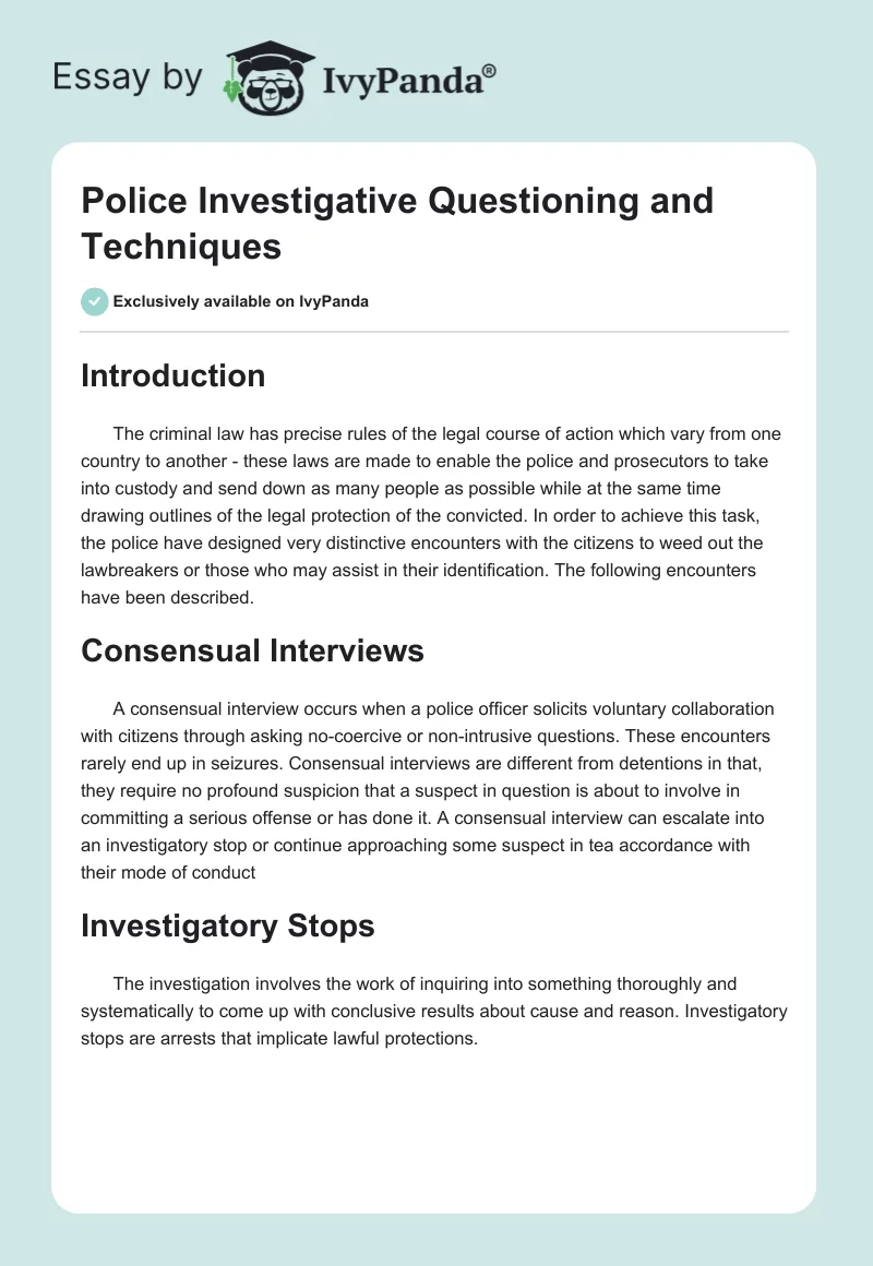 Police Investigative Questioning and Techniques. Page 1