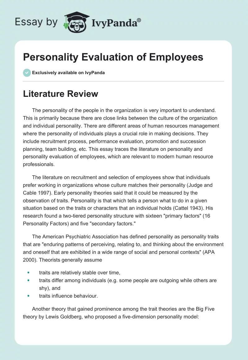 Personality Evaluation of Employees. Page 1