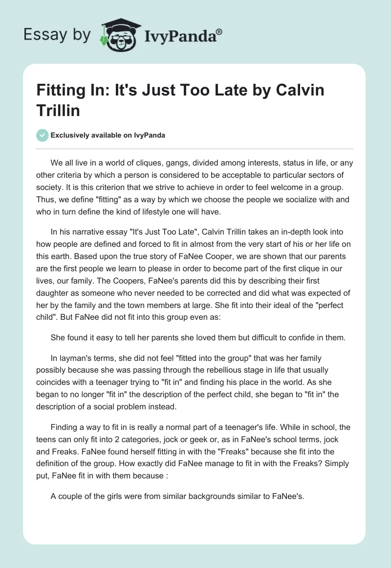 Fitting In: "It's Just Too Late" by Calvin Trillin. Page 1