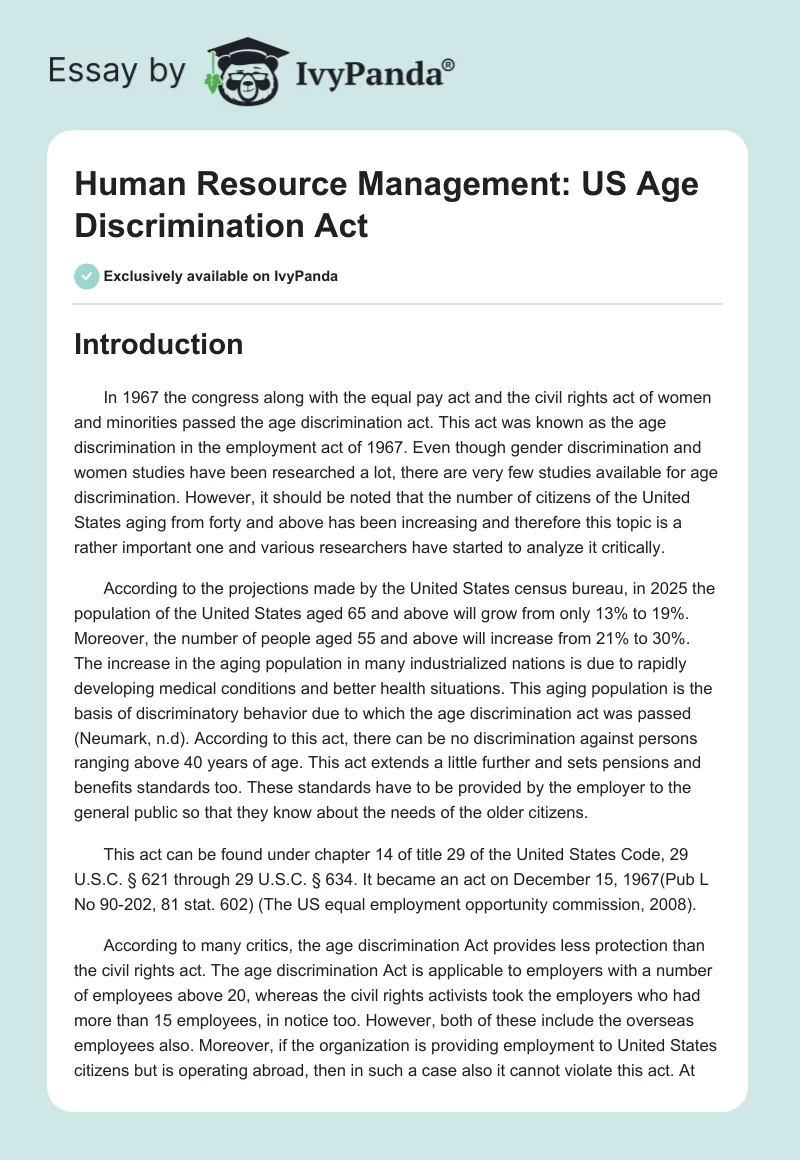 Human Resource Management: US Age Discrimination Act. Page 1
