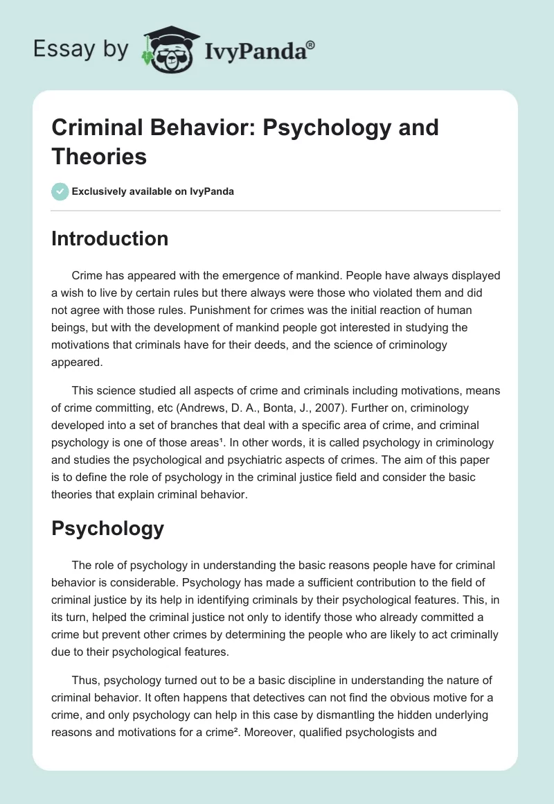 Criminal Behavior: Psychology and Theories. Page 1