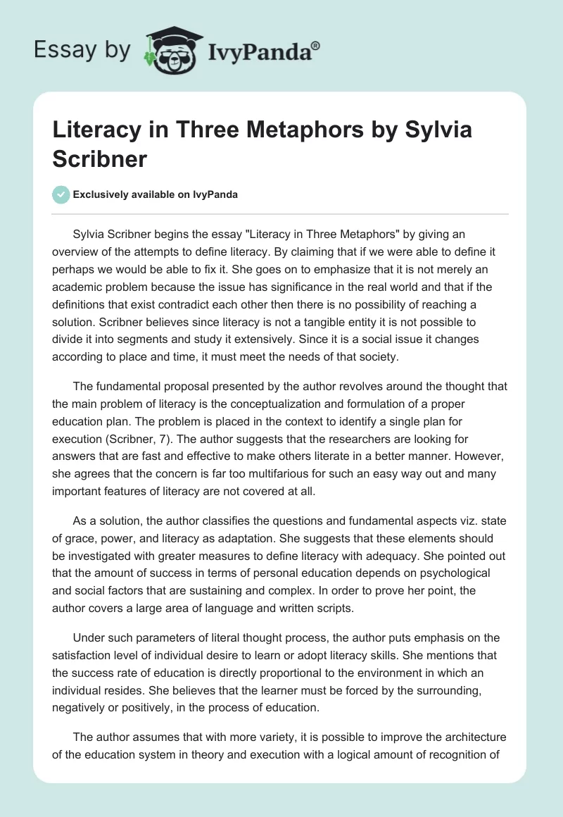 "Literacy in Three Metaphors" by Sylvia Scribner. Page 1