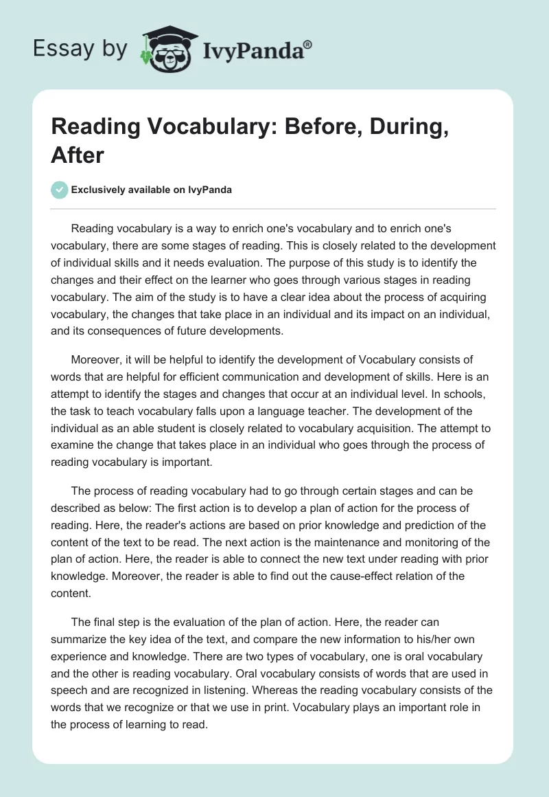 Reading Vocabulary: Before, During, After. Page 1