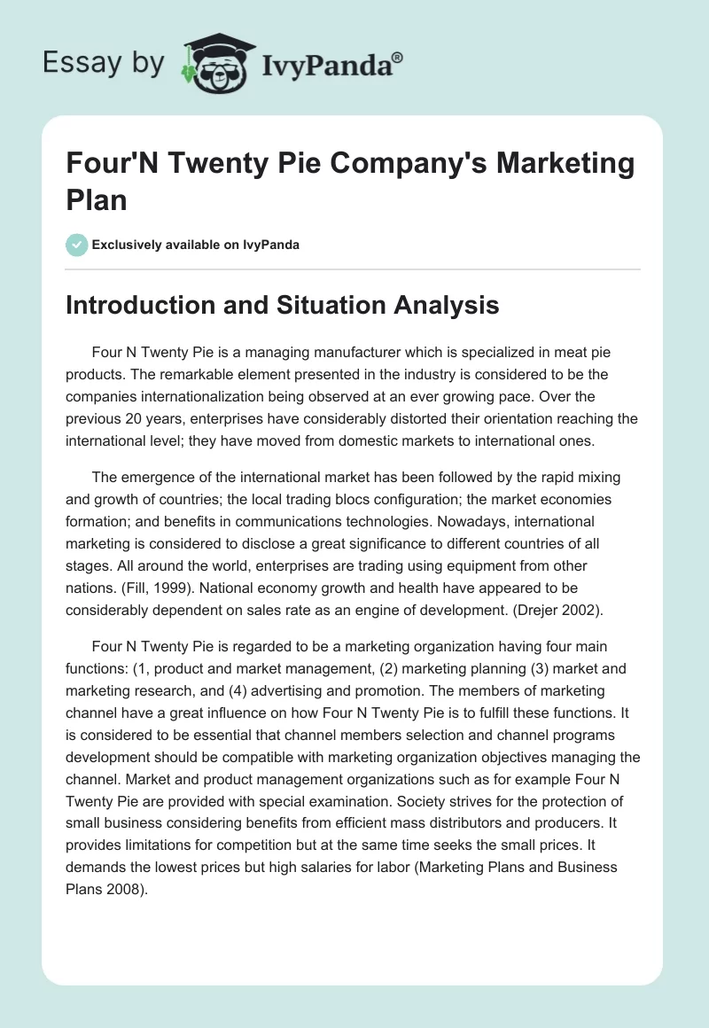 Four'N Twenty Pie Company's Marketing Plan. Page 1