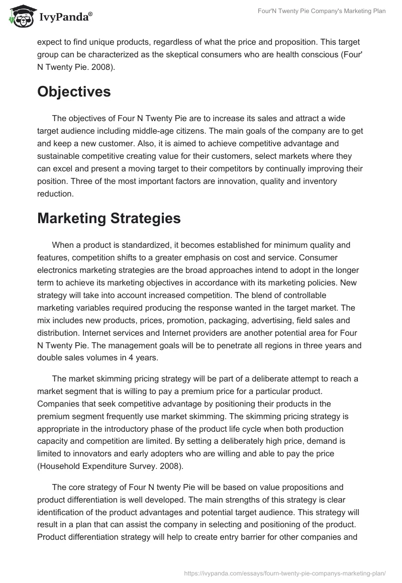 Four'N Twenty Pie Company's Marketing Plan. Page 5