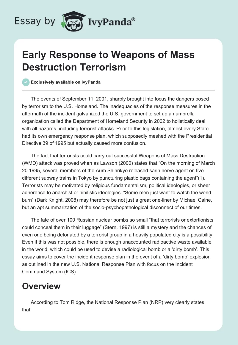 Early Response to Weapons of Mass Destruction Terrorism. Page 1