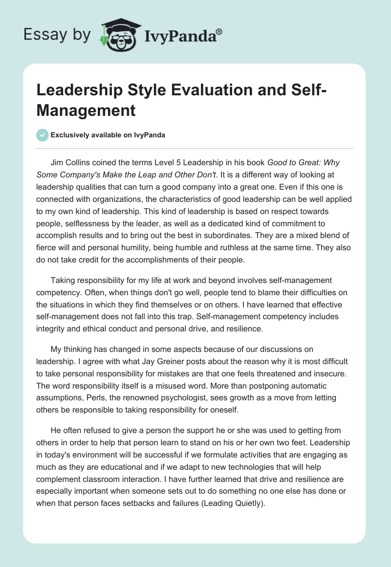 Leadership Style Evaluation and Self-Management. Page 1