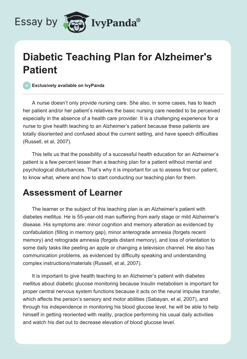 Diabetic Teaching Plan for Alzheimer's Patient. Page 1