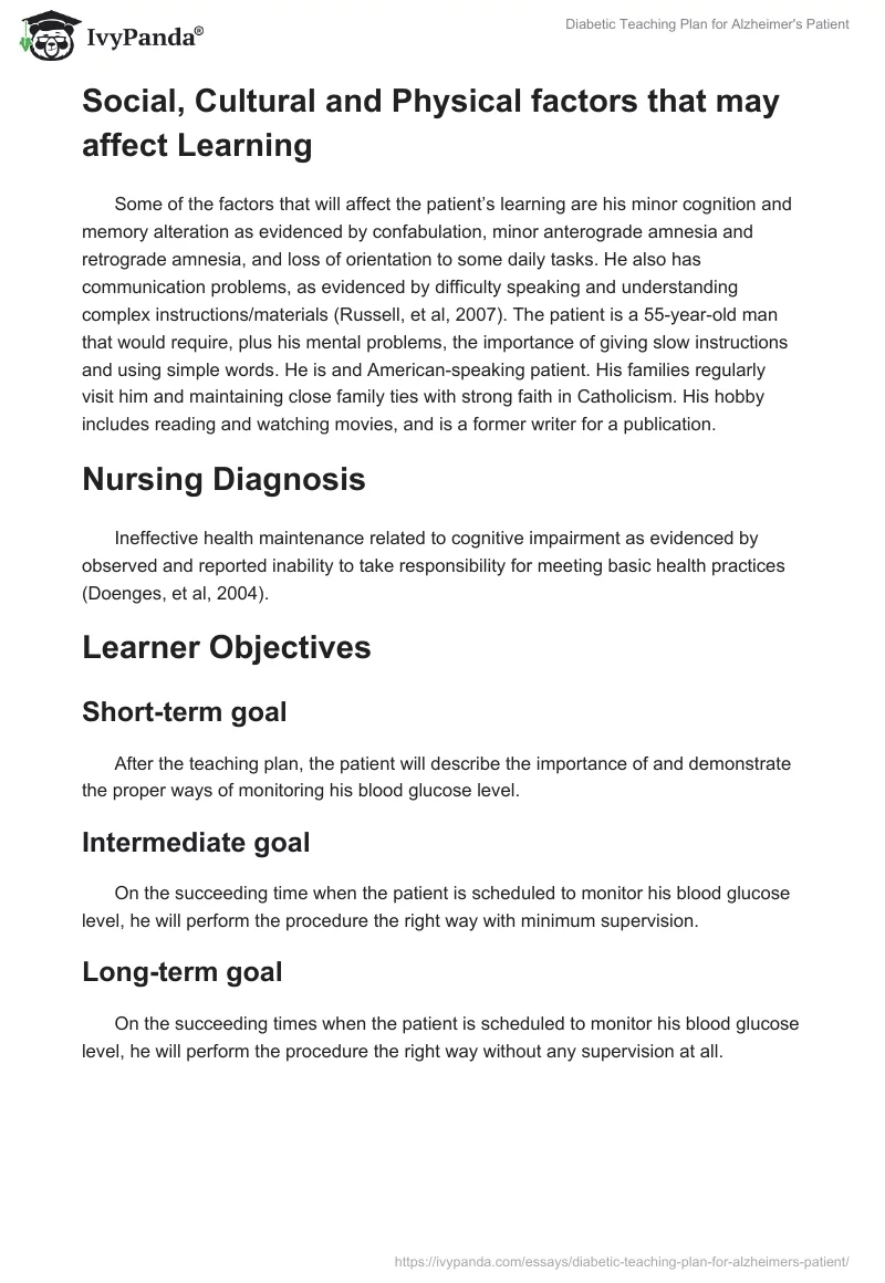 Diabetic Teaching Plan for Alzheimer's Patient. Page 3