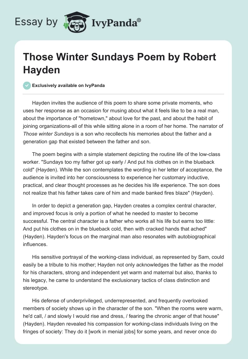 "Those Winter Sundays" Poem by Robert Hayden. Page 1