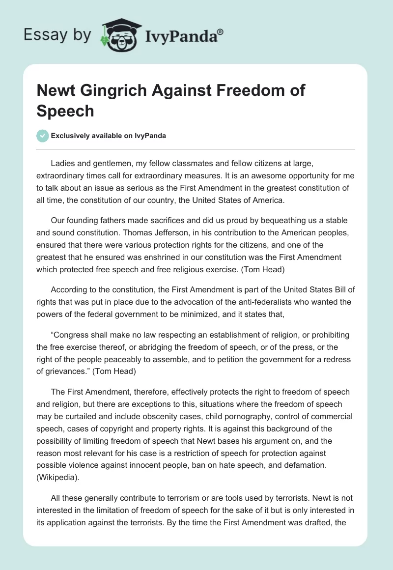 Newt Gingrich Against Freedom of Speech. Page 1