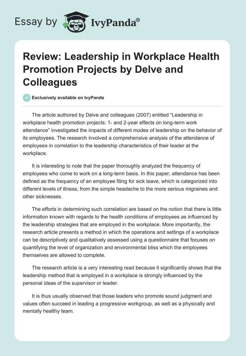Review: "Leadership in Workplace Health Promotion Projects" by Delve and Colleagues. Page 1