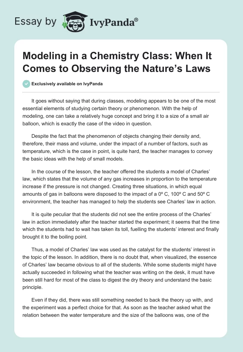 Modeling in a Chemistry Class: When It Comes to Observing the Nature’s Laws. Page 1
