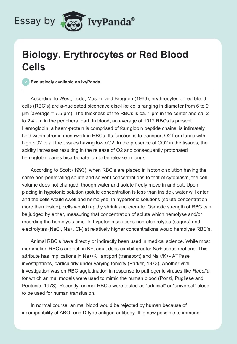 Biology. Erythrocytes or Red Blood Cells. Page 1