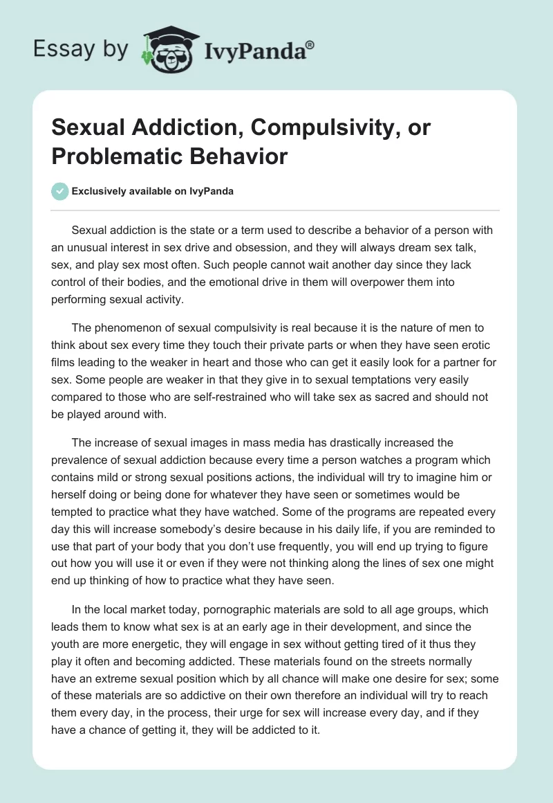 Sexual Addiction, Compulsivity, or Problematic Behavior. Page 1