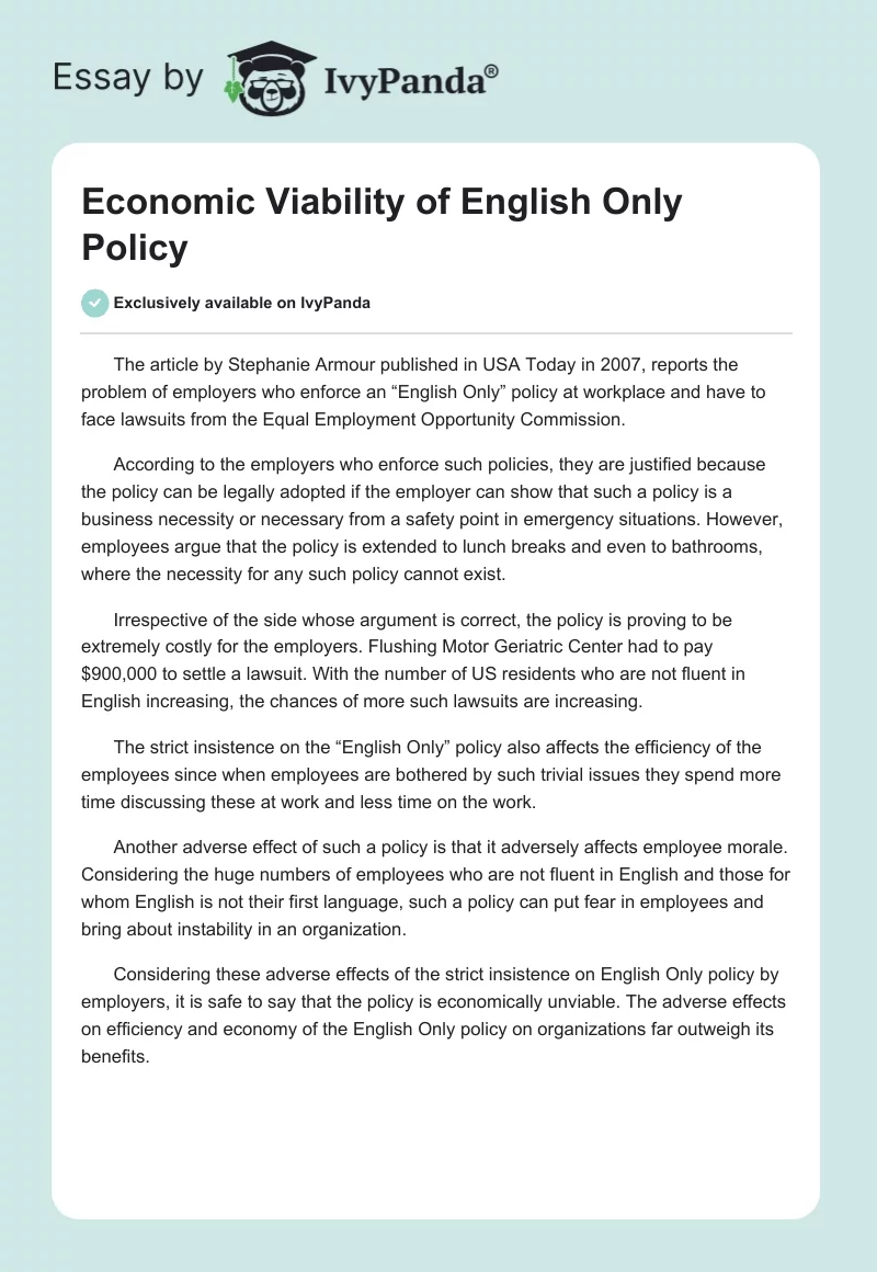 Economic Viability of English Only Policy. Page 1