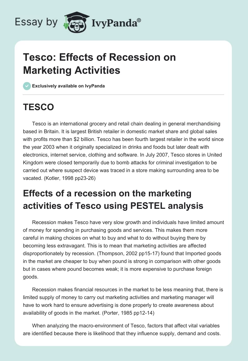 Tesco: Effects of Recession on Marketing Activities. Page 1