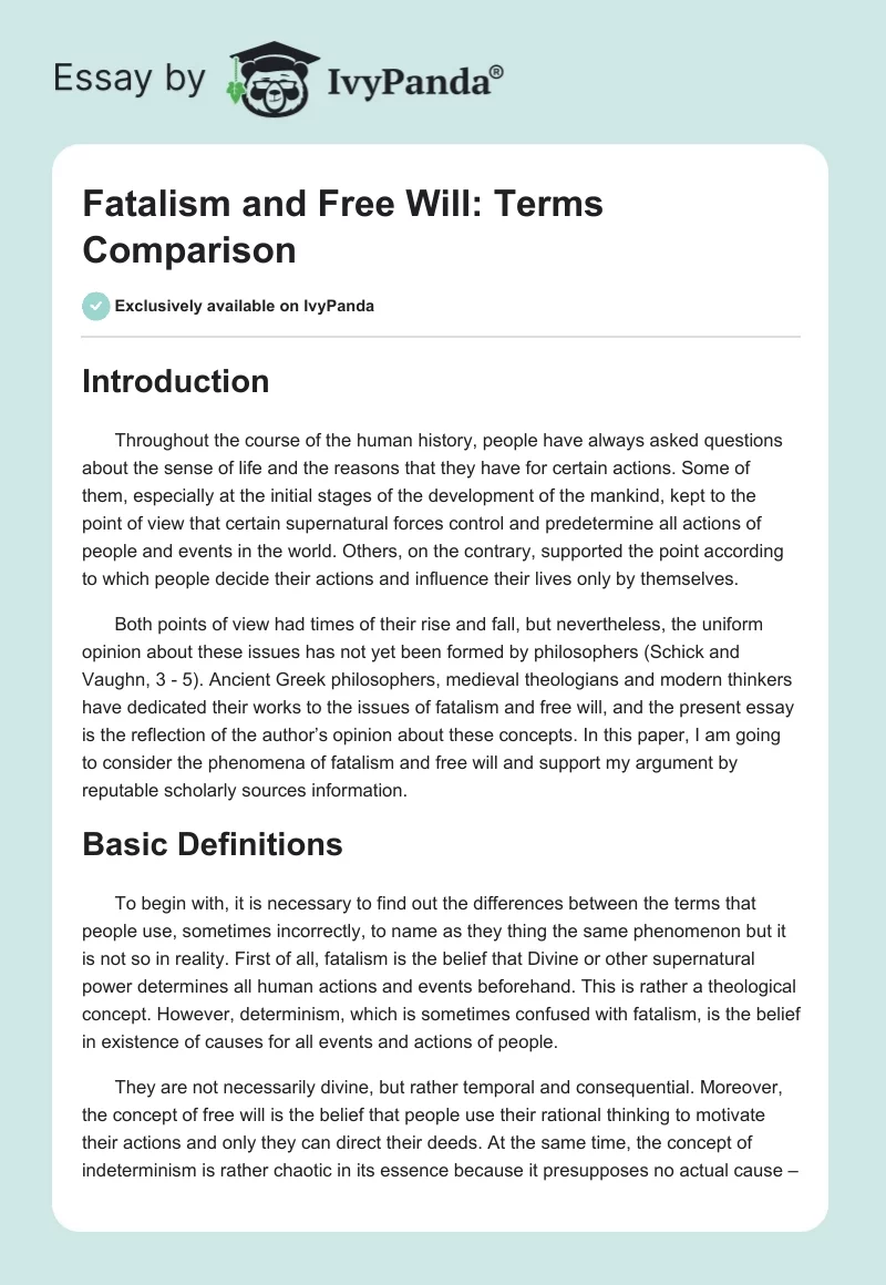 Fatalism and Free Will: Terms Comparison. Page 1