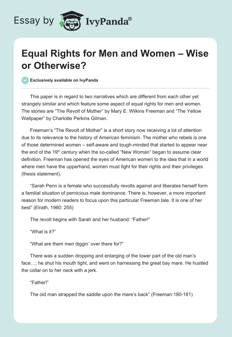 Equal Rights for Men and Women – Wise or Otherwise?. Page 1