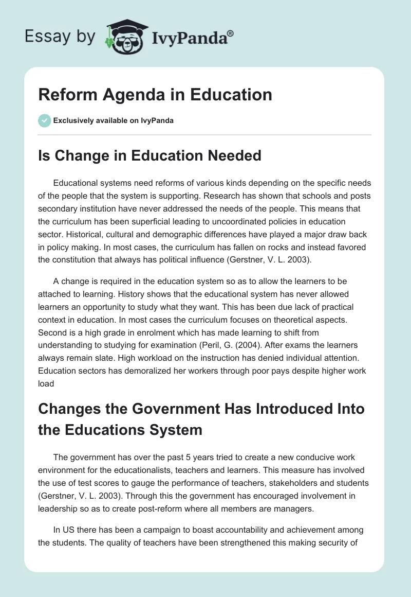 Reform Agenda in Education. Page 1