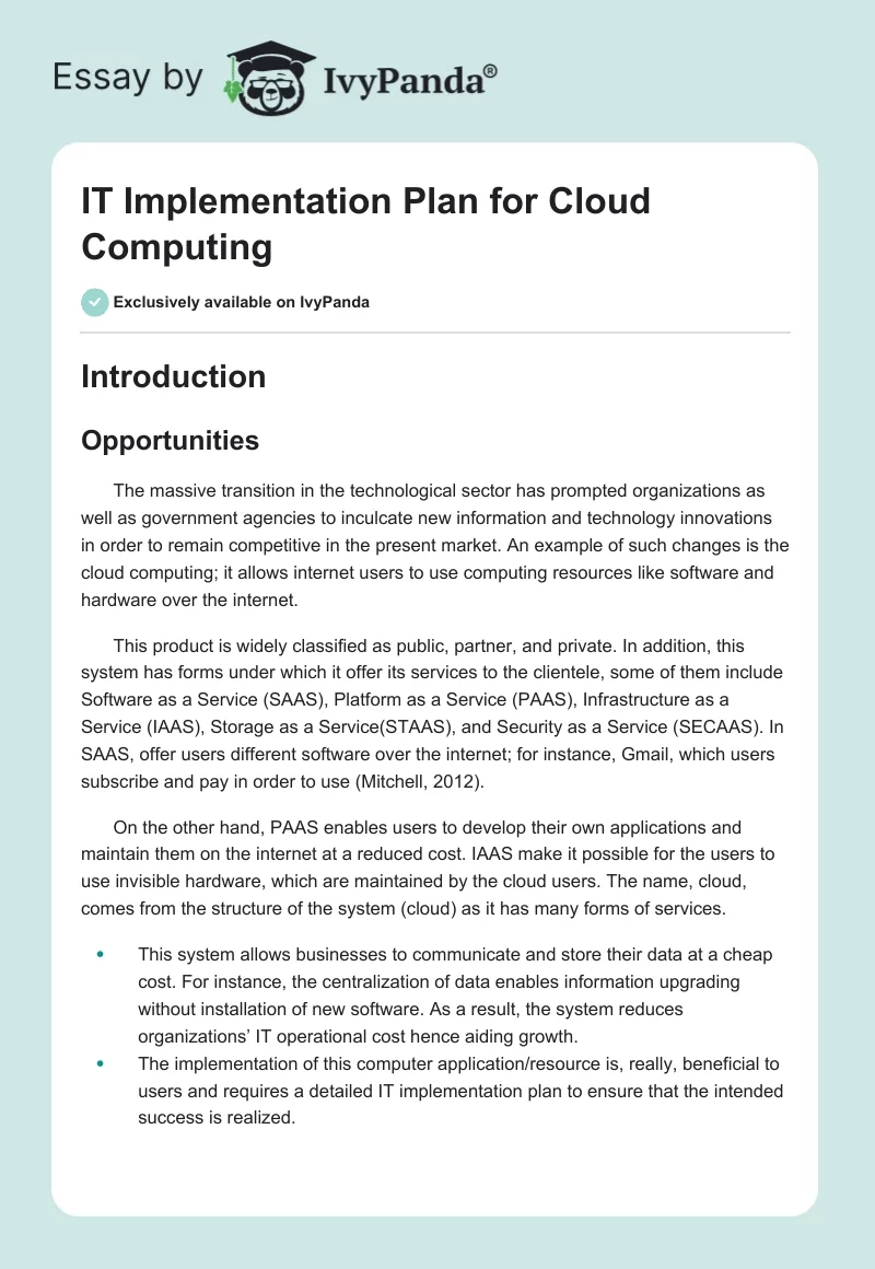 IT Implementation Plan for Cloud Computing. Page 1