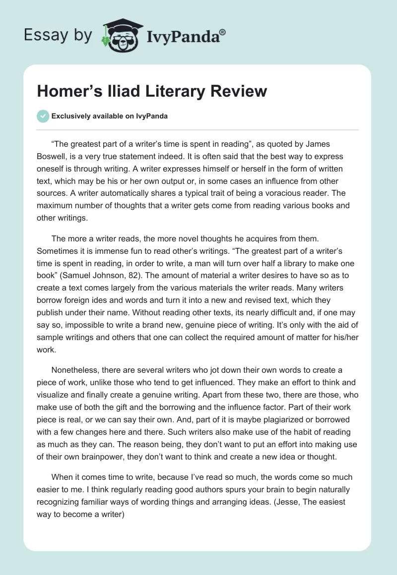 Homer’s The Iliad Literary Review. Page 1