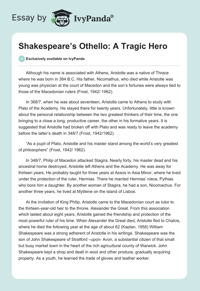 Shakespeare’s Othello: A Tragic Hero. Page 1