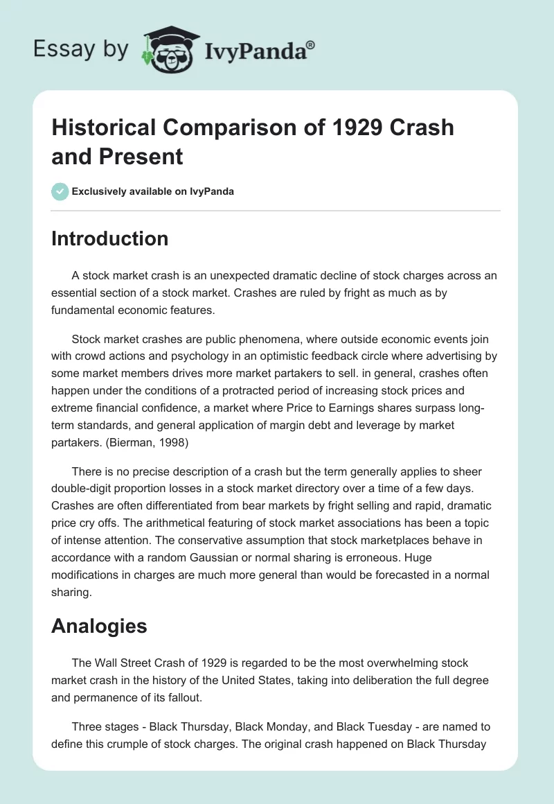 Historical Comparison of 1929 Crash and Present. Page 1