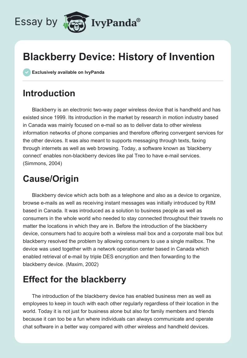 Blackberry Device: History of Invention. Page 1